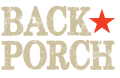 The words "BACK PORCH" in beige text with a red star replacing the "O" in "BACK.