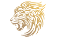 Stylized gold lion head illustration with detailed flowing lines and an open mouth facing left.